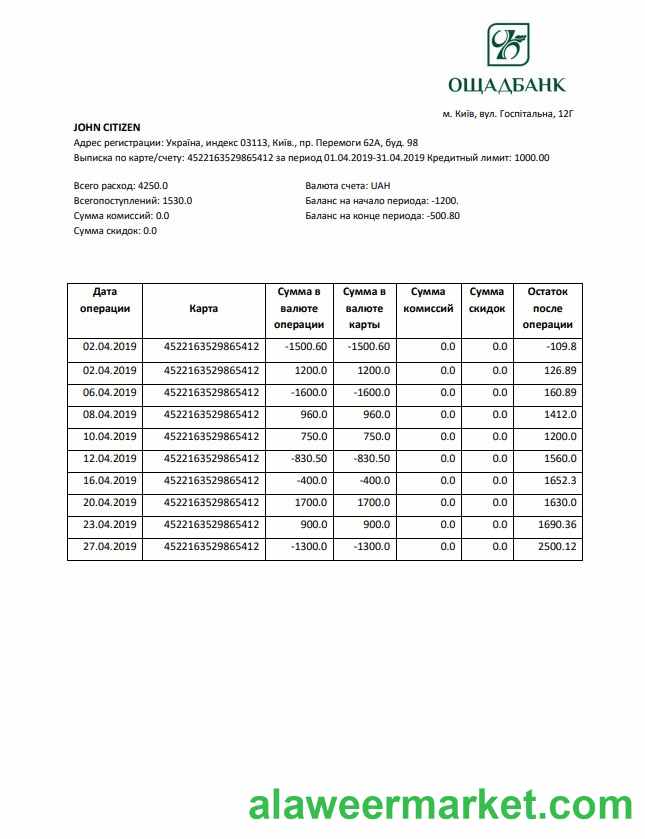 Ukraine Oshadbank statement template in Word and PDF format